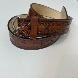 Tooled Brown Leather Belt Intricate Design Size 38/Medium